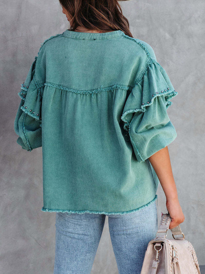 Grace & Jess | Nail Bead Ruffled Denim Jacket Coat
