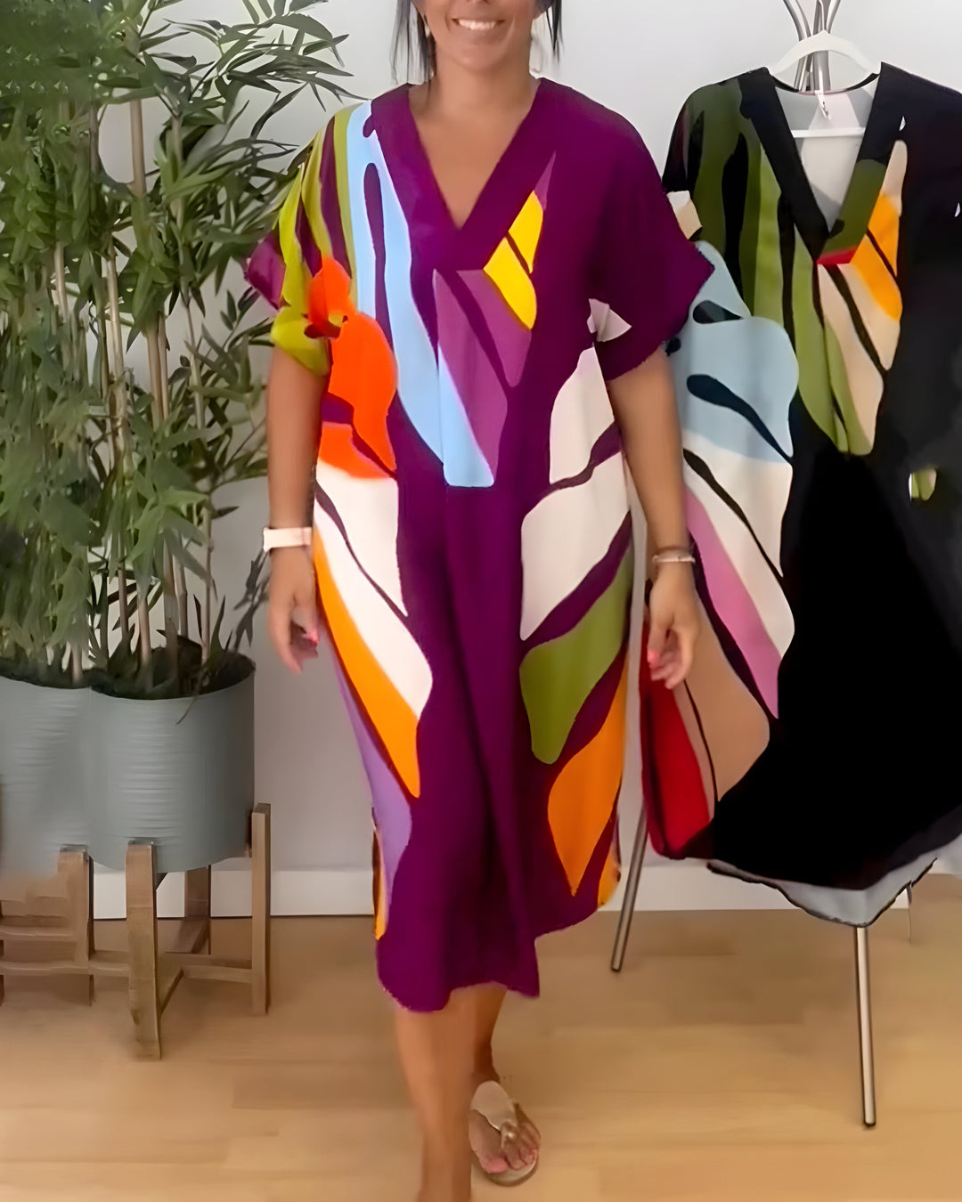 Grace & Jess | Casual Colorful Leaf Print Dress