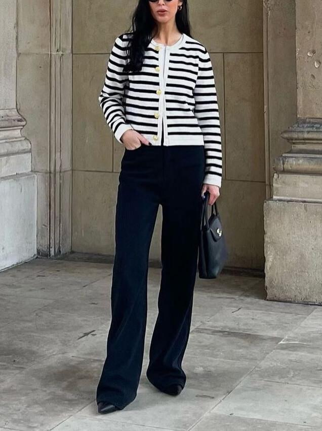 Grace & Jess | Striped Crew Neck Knitted Cardigan Jacket