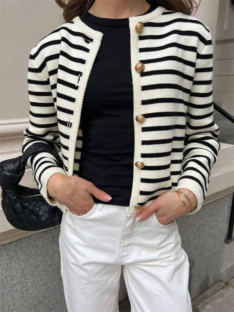 Grace & Jess | Striped Crew Neck Knitted Cardigan Jacket