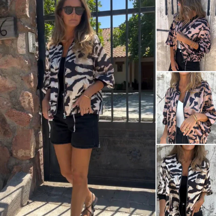 Grace & Jess | Zebra Print Zip-Up Bomber Jacket