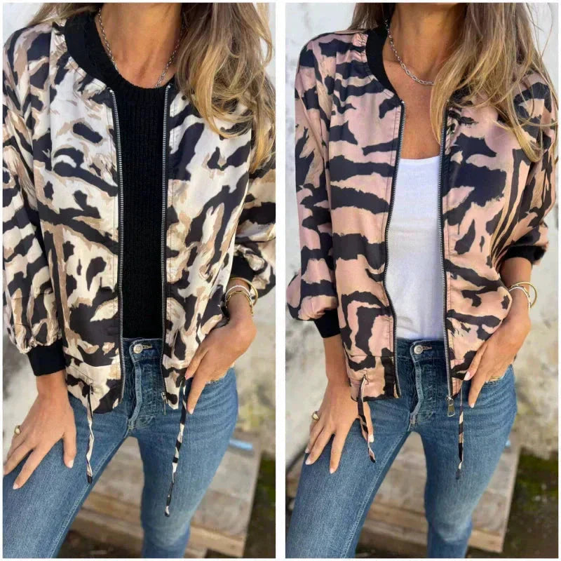 Grace & Jess | Zebra Print Zip-Up Bomber Jacket