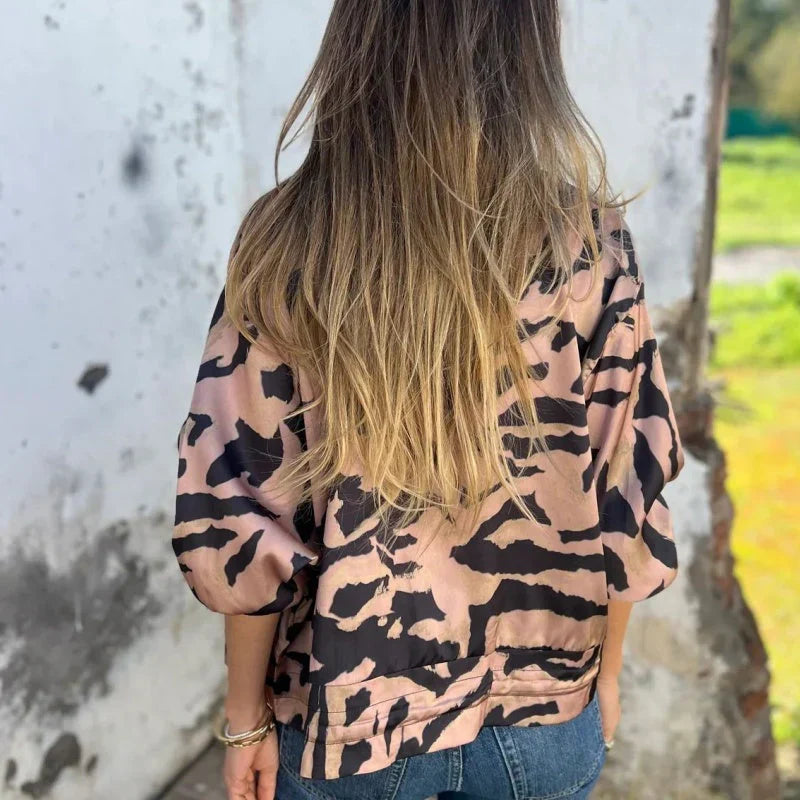 Grace & Jess | Zebra Print Zip-Up Bomber Jacket