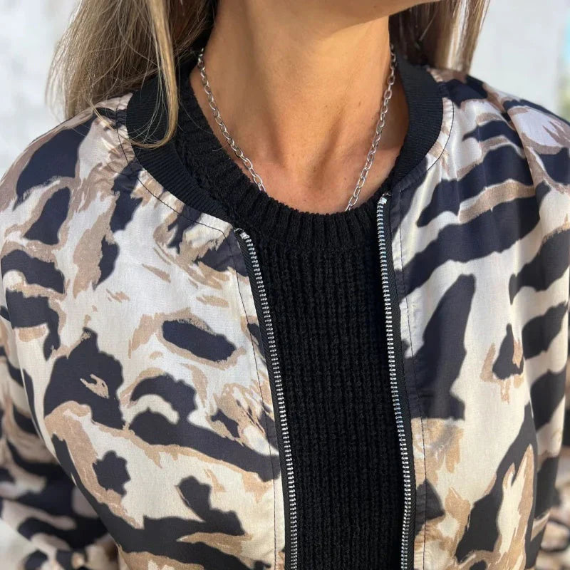 Grace & Jess | Zebra Print Zip-Up Bomber Jacket