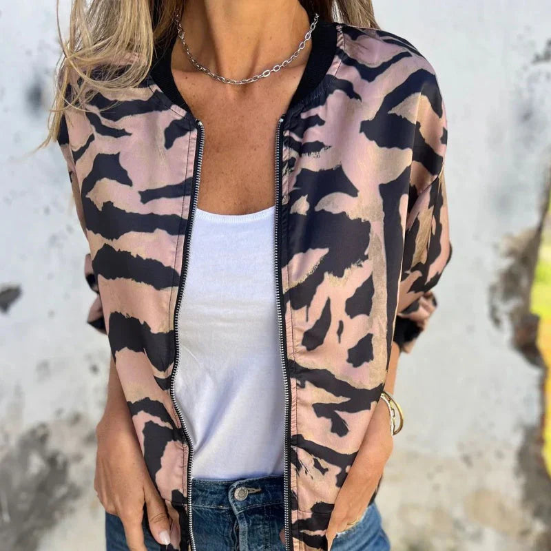 Grace & Jess | Zebra Print Zip-Up Bomber Jacket
