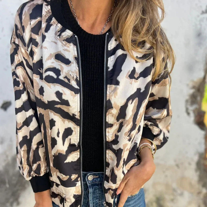 Grace & Jess | Zebra Print Zip-Up Bomber Jacket