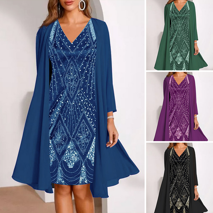 Grace & Jess | V-Neck Dress & Sheer Long Matching Coat