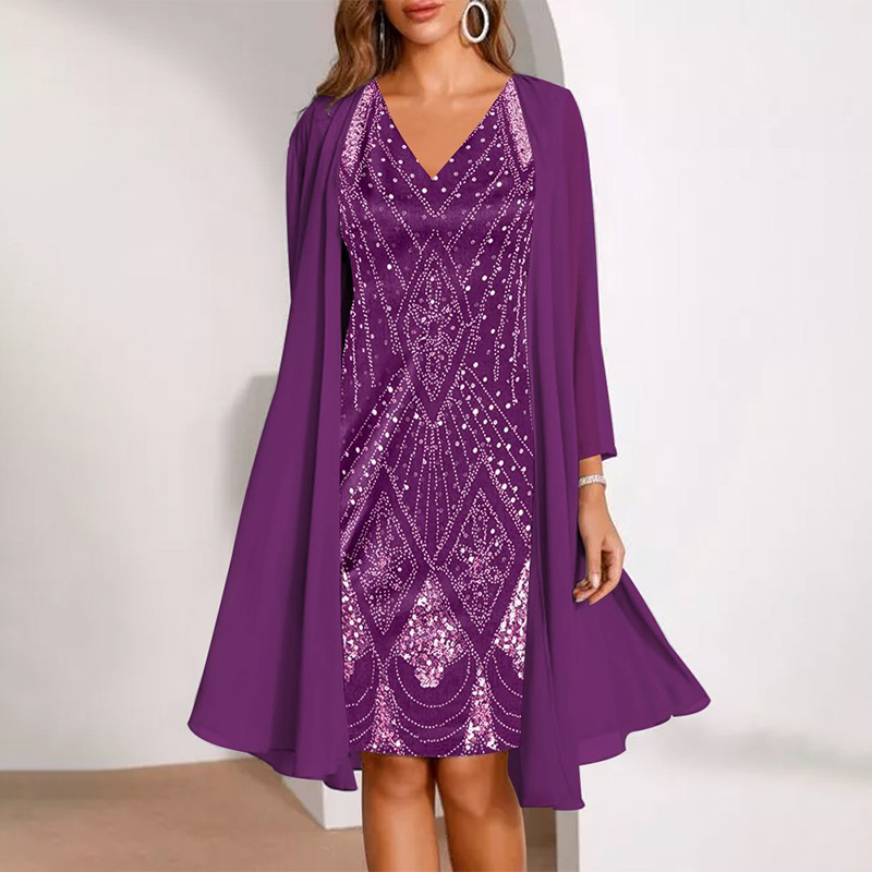 Grace & Jess | V-Neck Dress & Sheer Long Matching Coat