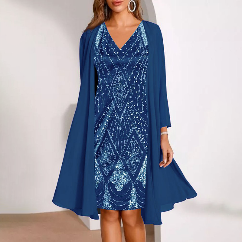 Grace & Jess | V-Neck Dress & Sheer Long Matching Coat