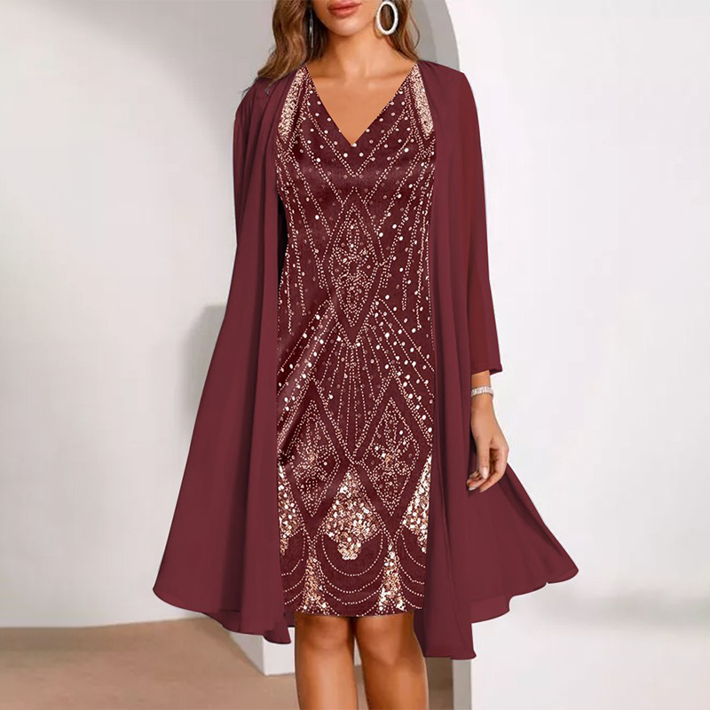 Grace & Jess | V-Neck Dress & Sheer Long Matching Coat