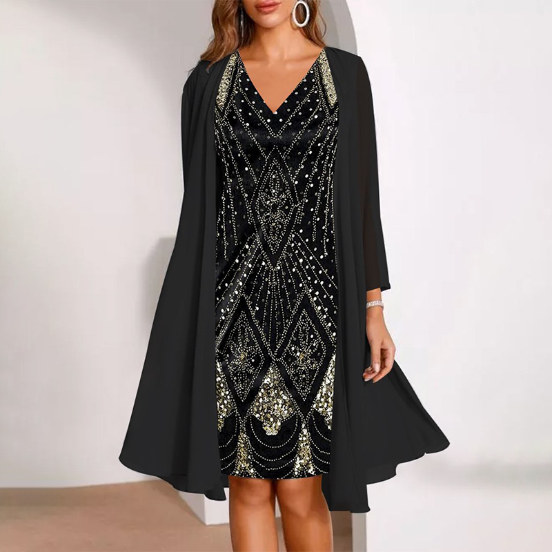 Grace & Jess | V-Neck Dress & Sheer Long Matching Coat