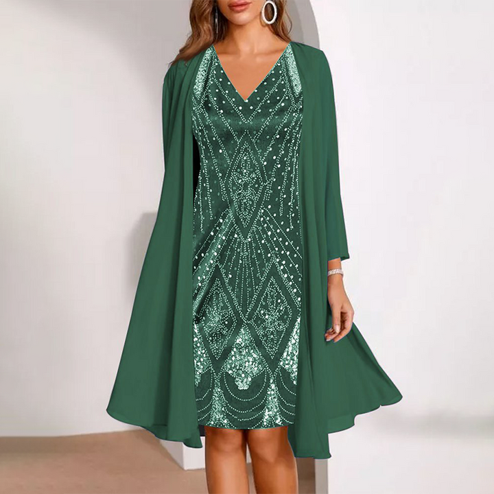 Grace & Jess | V-Neck Dress & Sheer Long Matching Coat