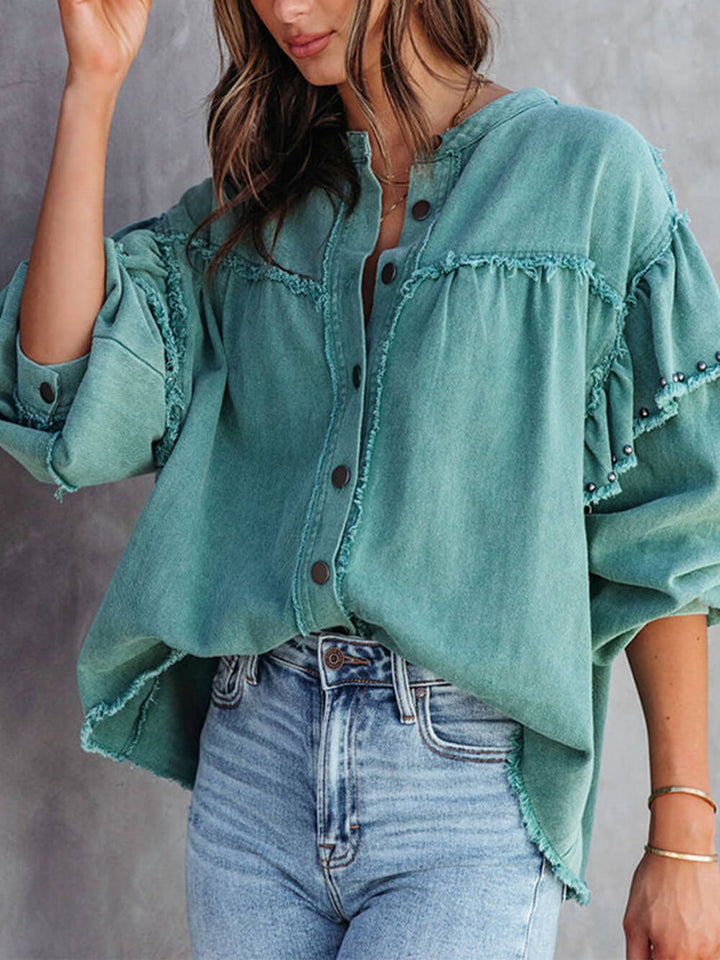 Grace & Jess | Nail Bead Ruffled Denim Jacket Coat