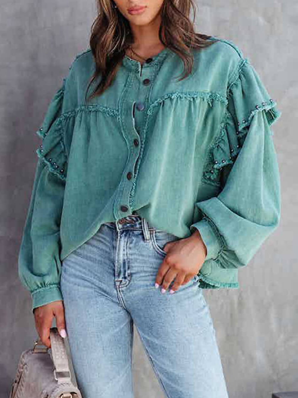 Grace & Jess | Nail Bead Ruffled Denim Jacket Coat