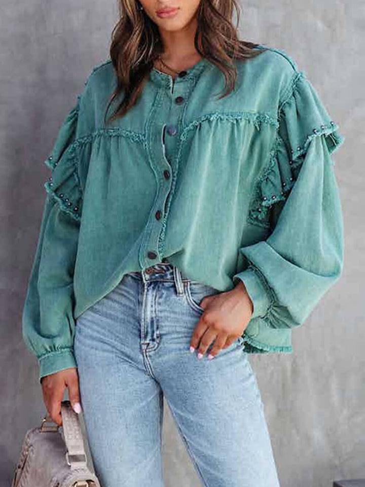 Grace & Jess | Nail Bead Ruffled Denim Jacket Coat