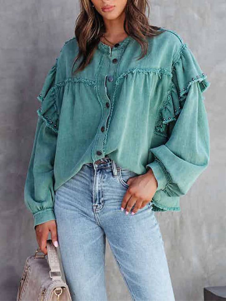 Grace & Jess | Nail Bead Ruffled Denim Jacket Coat