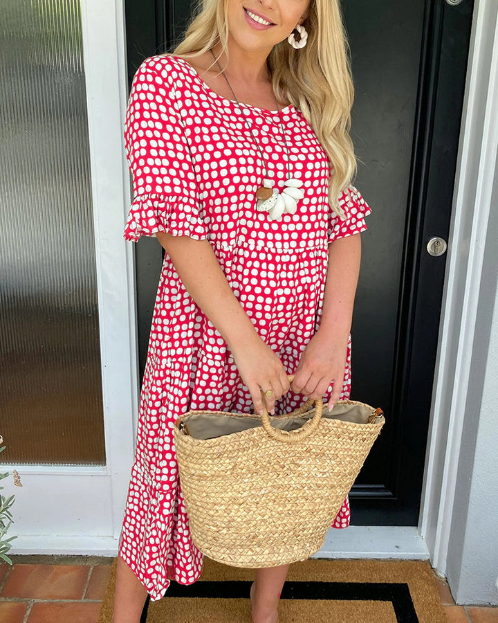Sandra | Round Neck Polka Dot Print Midi Dress