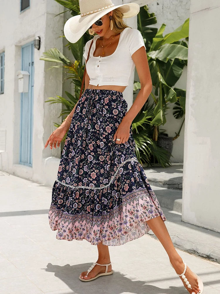Azoria | Women's Boho Geometric Print Elastic Waist Midi Skirt