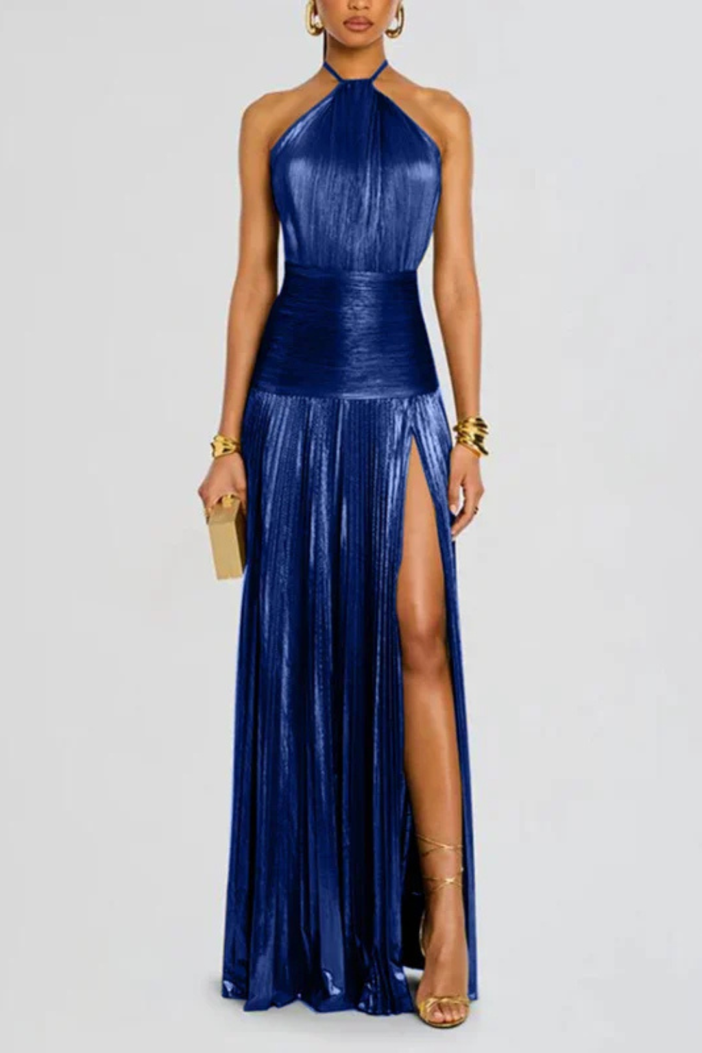 Mirabel | Women's Halter Neck Pleated Satin Maxi Dress