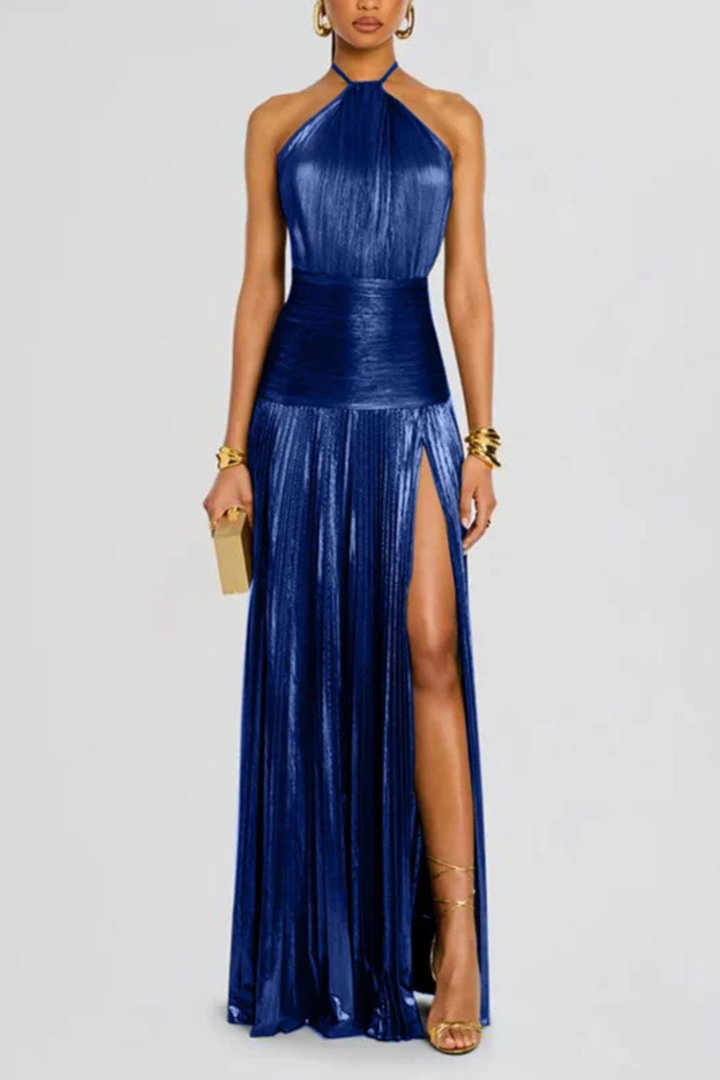 Mirabel | Women's Halter Neck Pleated Satin Maxi Dress