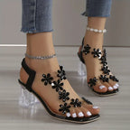 Caius | Women's Floral Crystal T-Bar Clear Block Heel Sandals