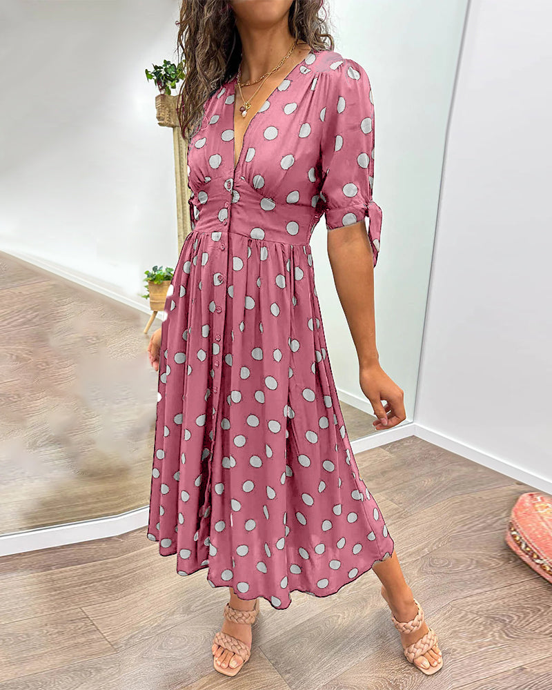 Avalune | Women's Polka Dot Tie Sleeve Button-Down Midi Dress