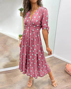 Avalune | Women's Polka Dot Tie Sleeve Button-Down Midi Dress
