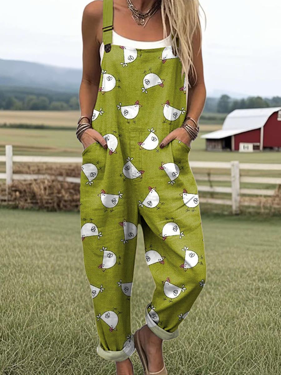 Hannelore | Women's Whimsical Hen Printed Dungarees