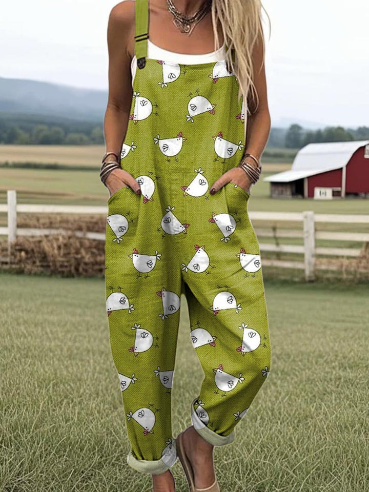 Hannelore | Women's Whimsical Hen Printed Dungarees
