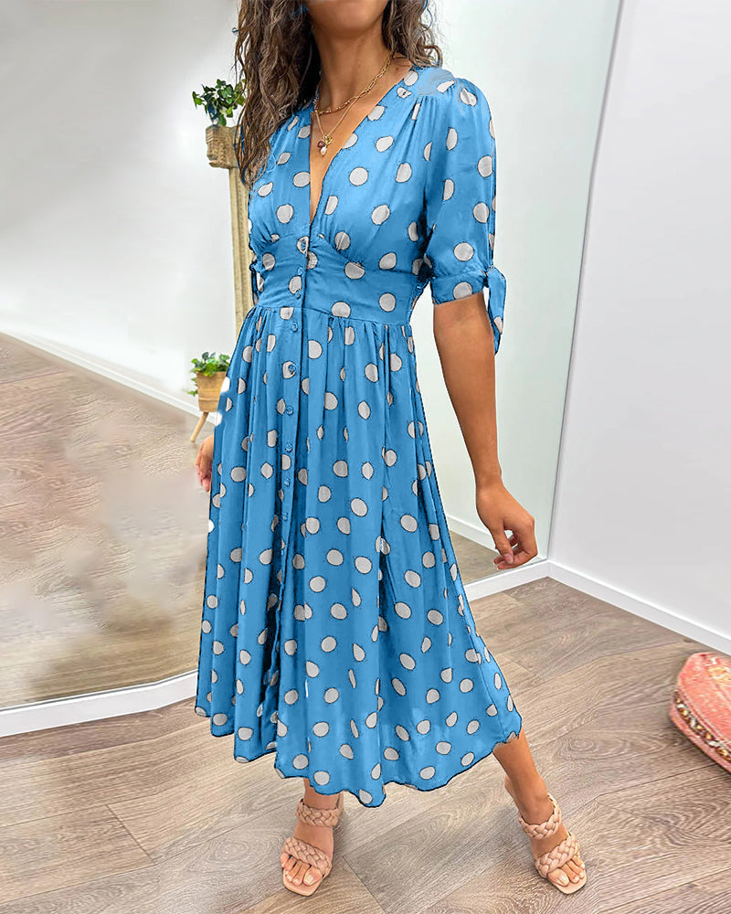 Avalune | Women's Polka Dot Tie Sleeve Button-Down Midi Dress