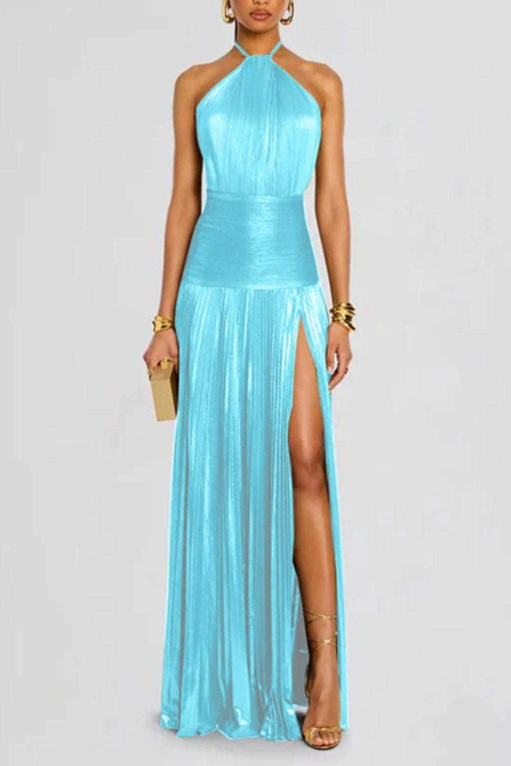 Mirabel | Women's Halter Neck Pleated Satin Maxi Dress