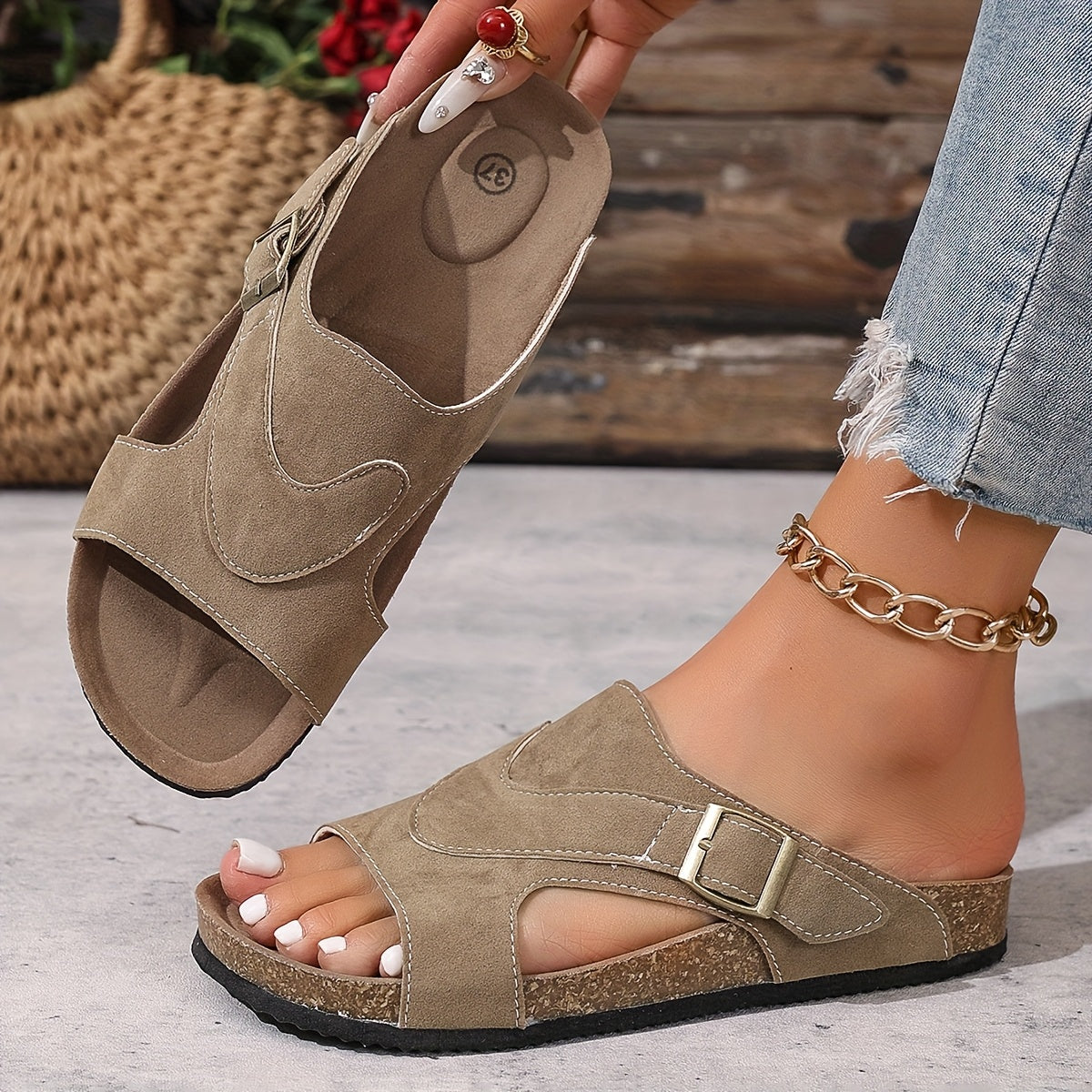 Callista | Women's Suede Slide Sandals with Buckle Detail
