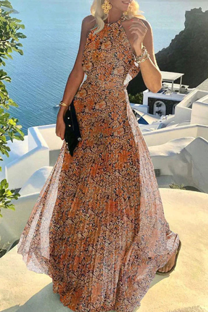 Novira | Women's Halter Neck Pleated Polka Dot Maxi Dress