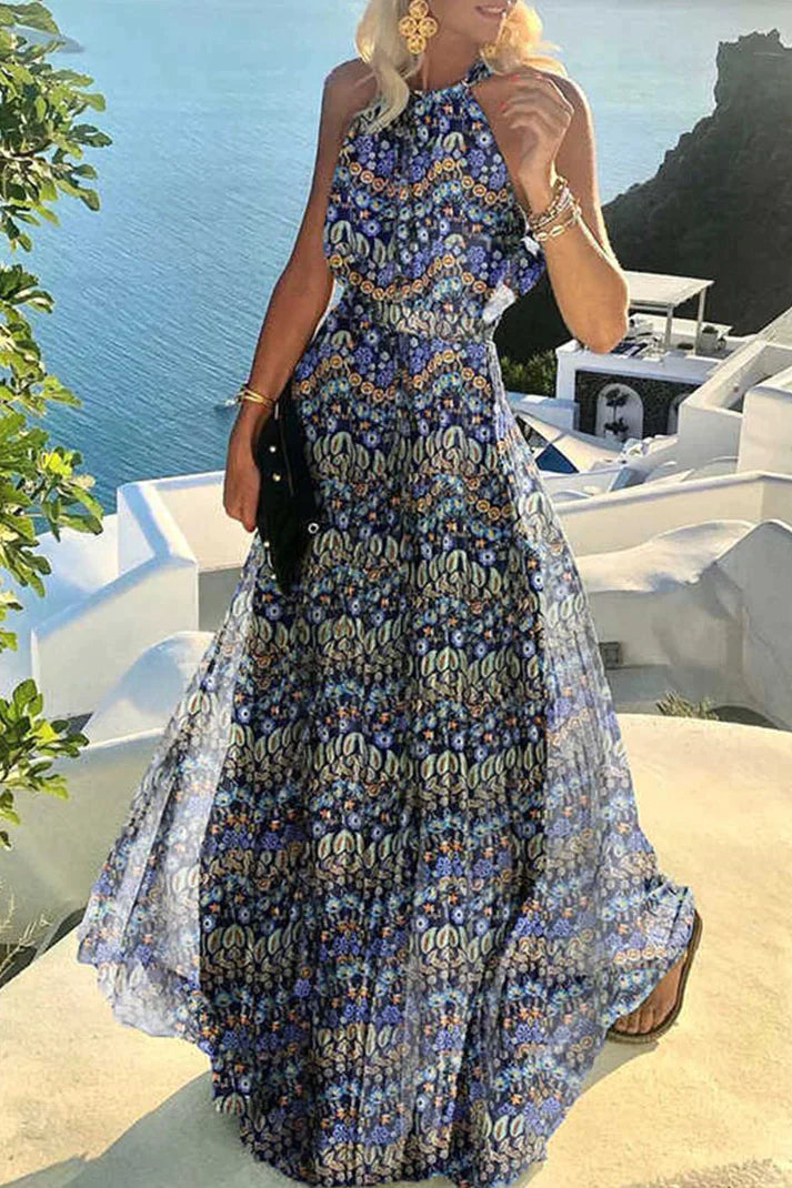 Novira | Women's Halter Neck Pleated Polka Dot Maxi Dress