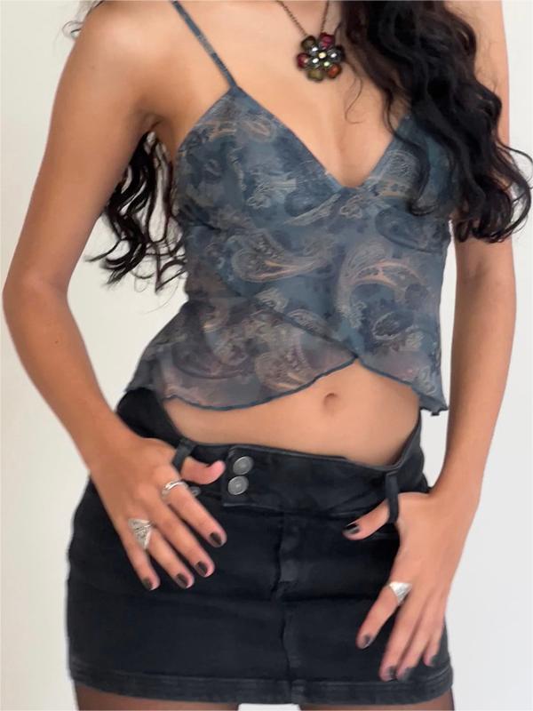 Althea | Women's Crisscross V-Neck Mesh Ruffle Hem Cami Top