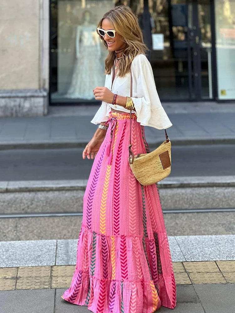 Azoria | Women's Boho Geometric Print Elastic Waist Midi Skirt