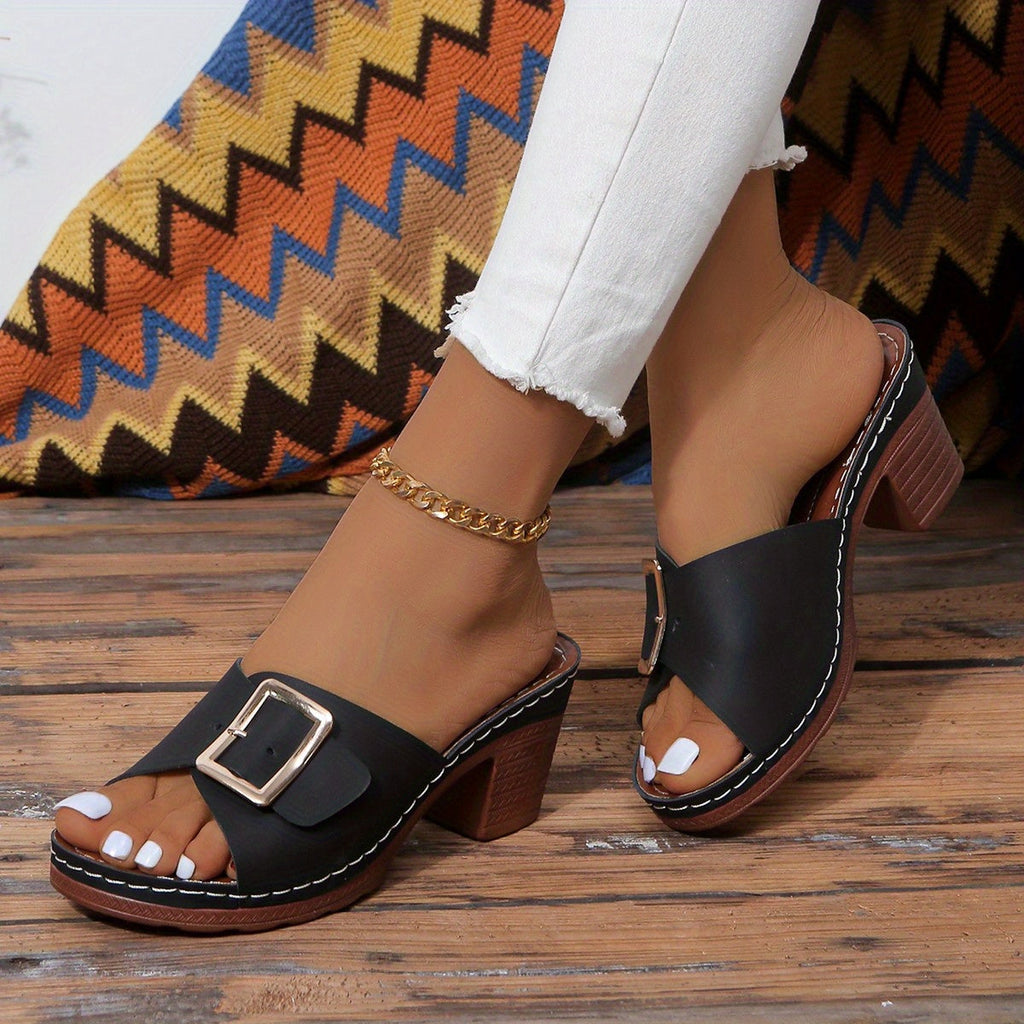Blythe | Women's Block Heeled Slide Sandals with Buckle Detail