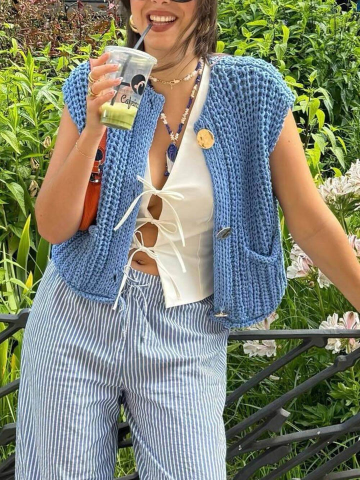 Grace & Jess | Pocket Sleeveless Cropped Knit Cardigan