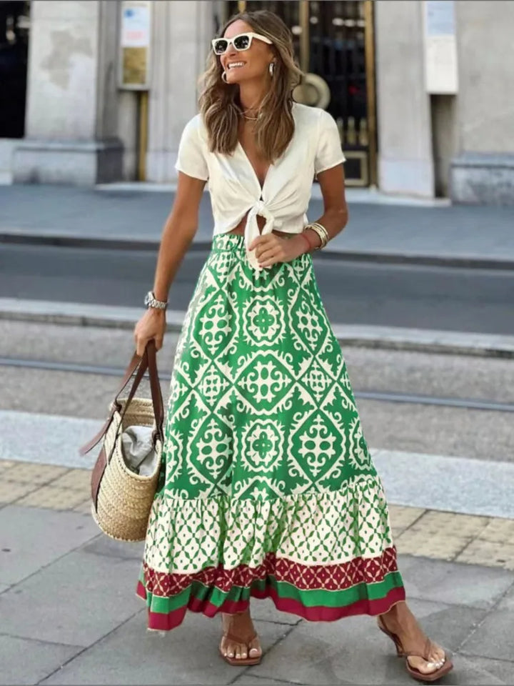 Azoria | Women's Boho Geometric Print Elastic Waist Midi Skirt