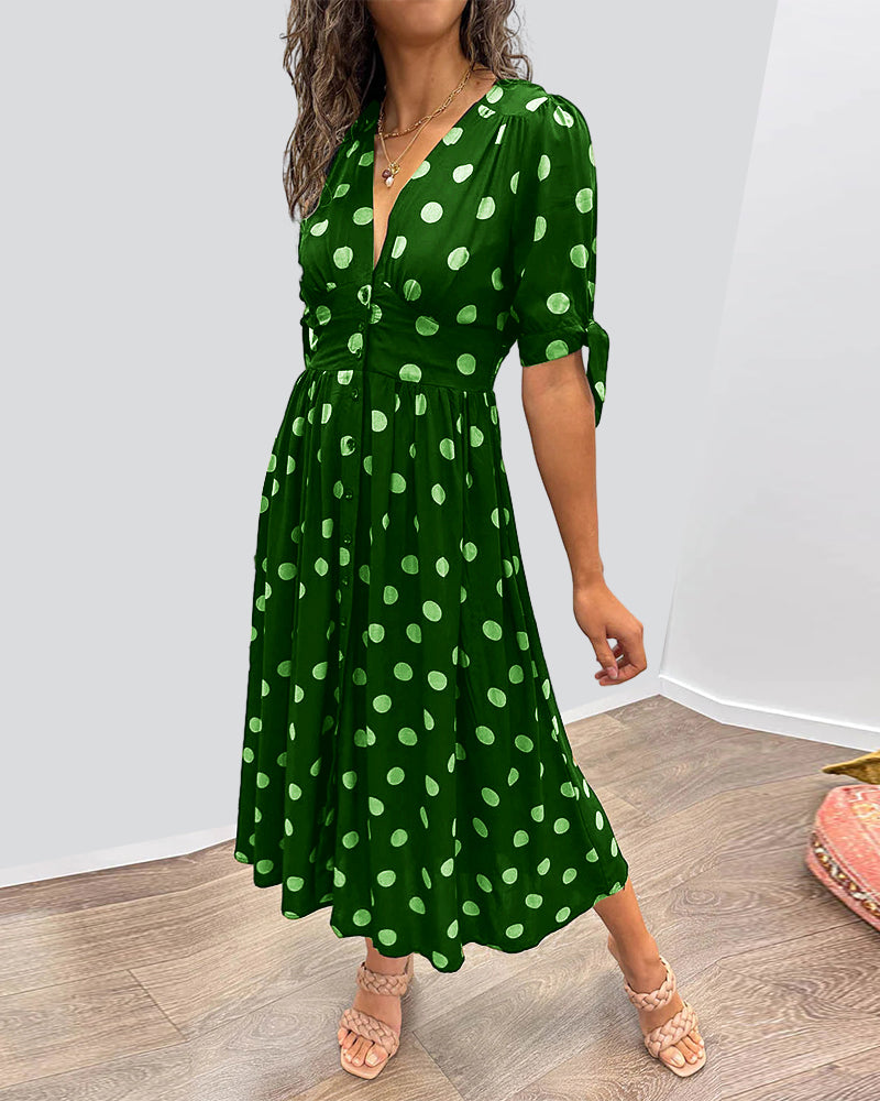 Avalune | Women's Polka Dot Tie Sleeve Button-Down Midi Dress