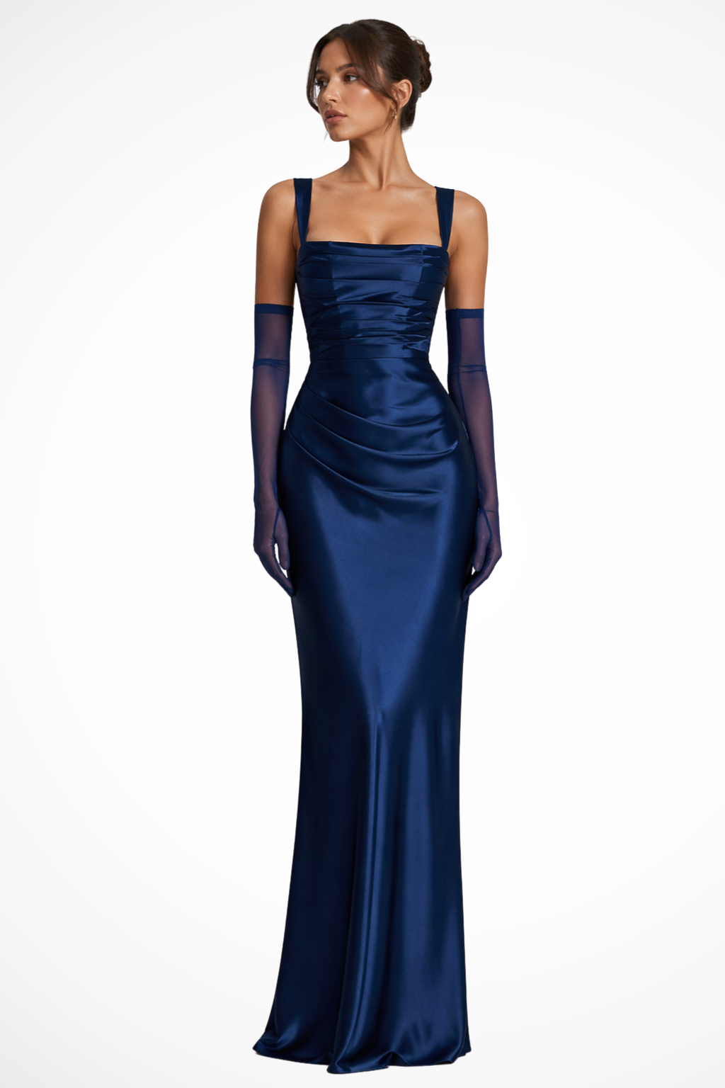 Leonora | Women's Square Neck Ruched Satin Maxi Dress