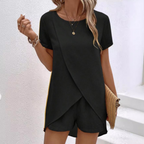 Isolyn | Women's Short Sleeve Wrap Top and Shorts Lounge Set
