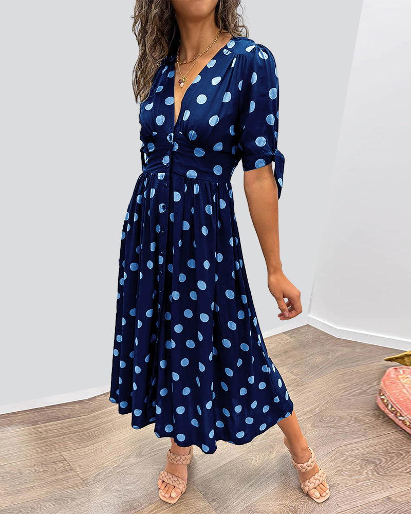 Avalune | Women's Polka Dot Tie Sleeve Button-Down Midi Dress