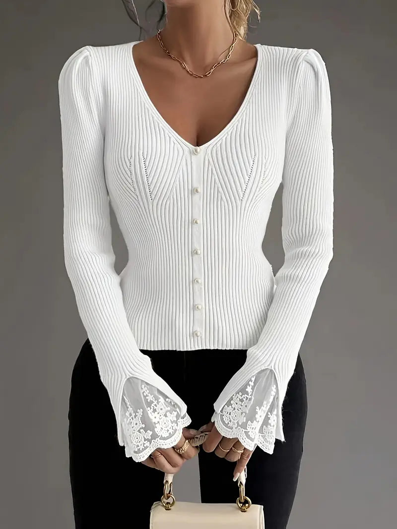 Ribbed Top with V-Neck and Lace Sleeves