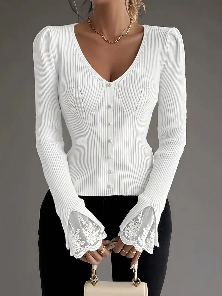 Ribbed Top with V-Neck and Lace Sleeves