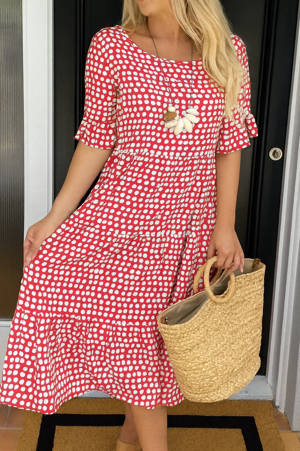 Zerelle | Women's Short Sleeve Polka Dot Midi Dress