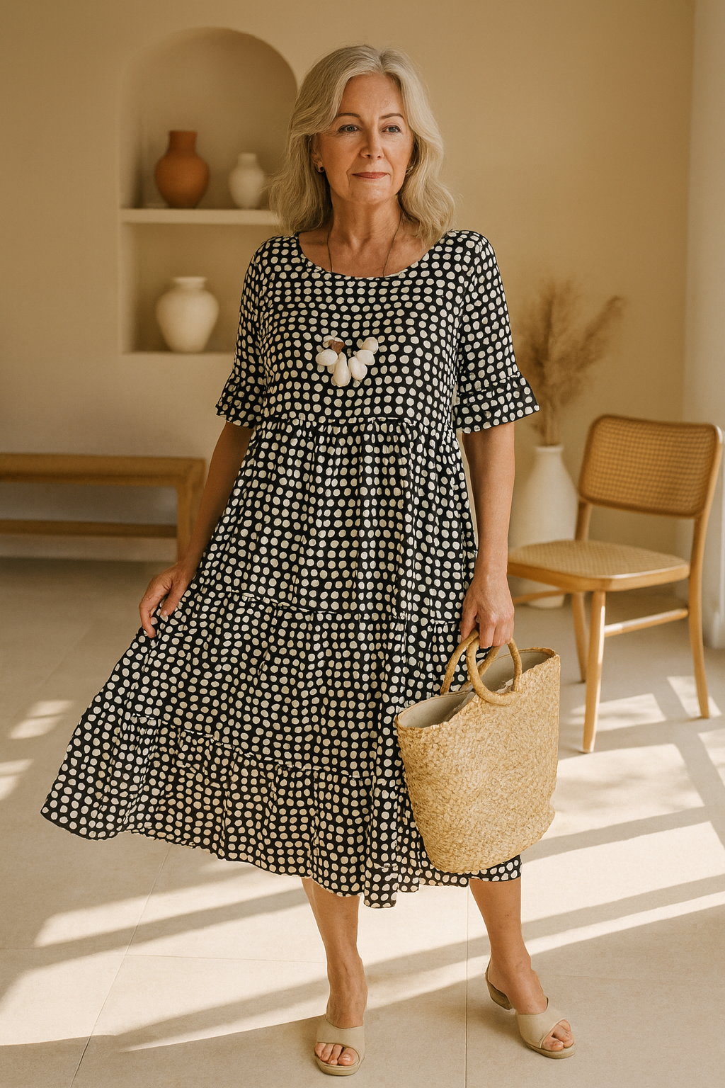 Zerelle | Women's Short Sleeve Polka Dot Midi Dress