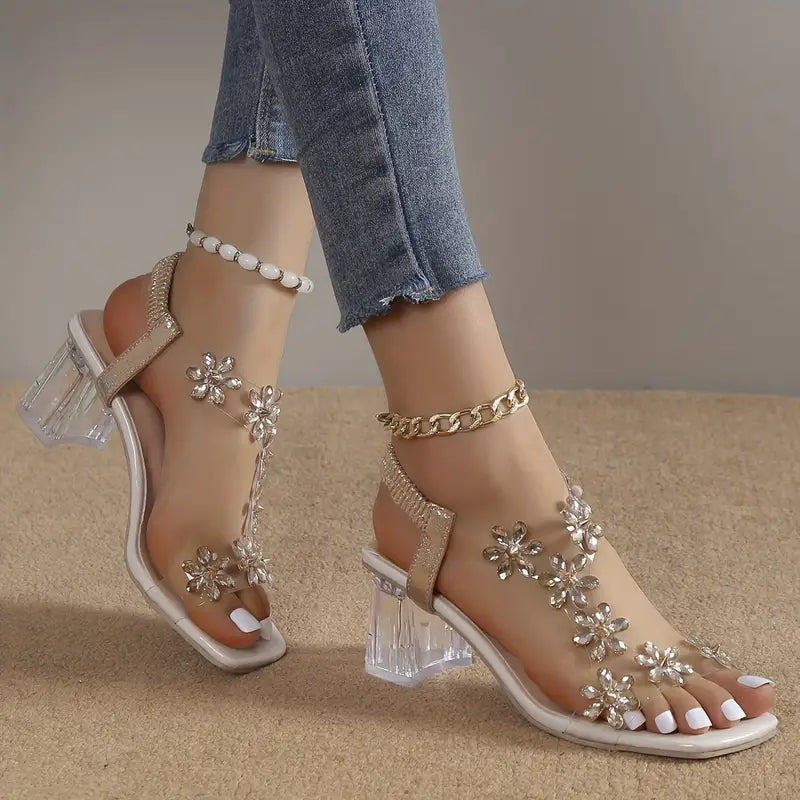 Caius | Women's Floral Crystal T-Bar Clear Block Heel Sandals