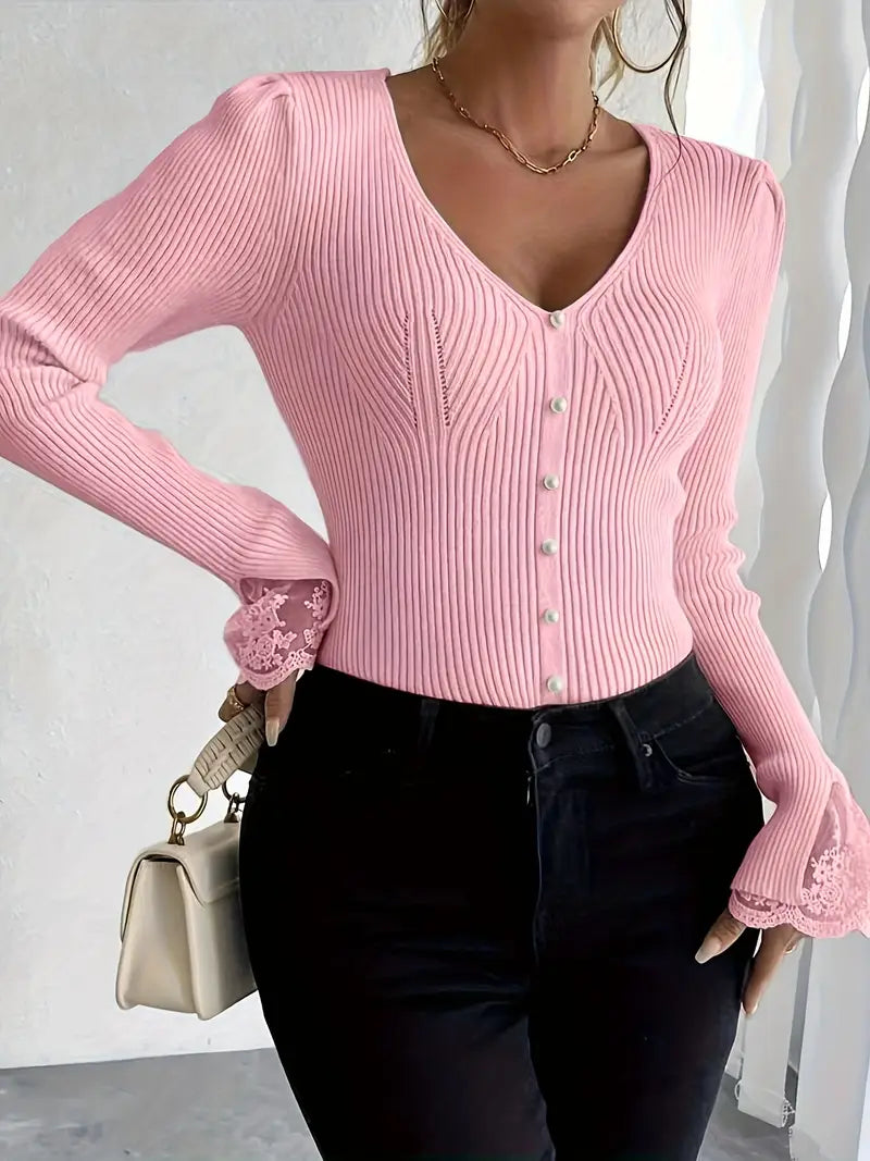 Ribbed Top with V-Neck and Lace Sleeves