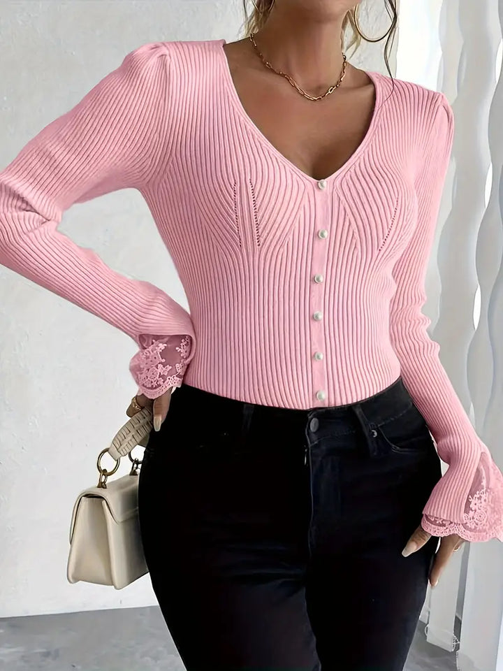 Ribbed Top with V-Neck and Lace Sleeves